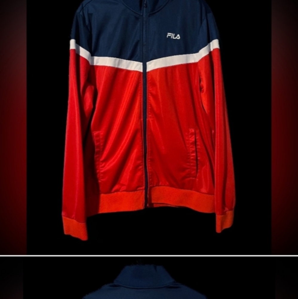 FILA Mens S Track Jacket Red White Navy Blue Polyester Zip - Picture 2 of 2
